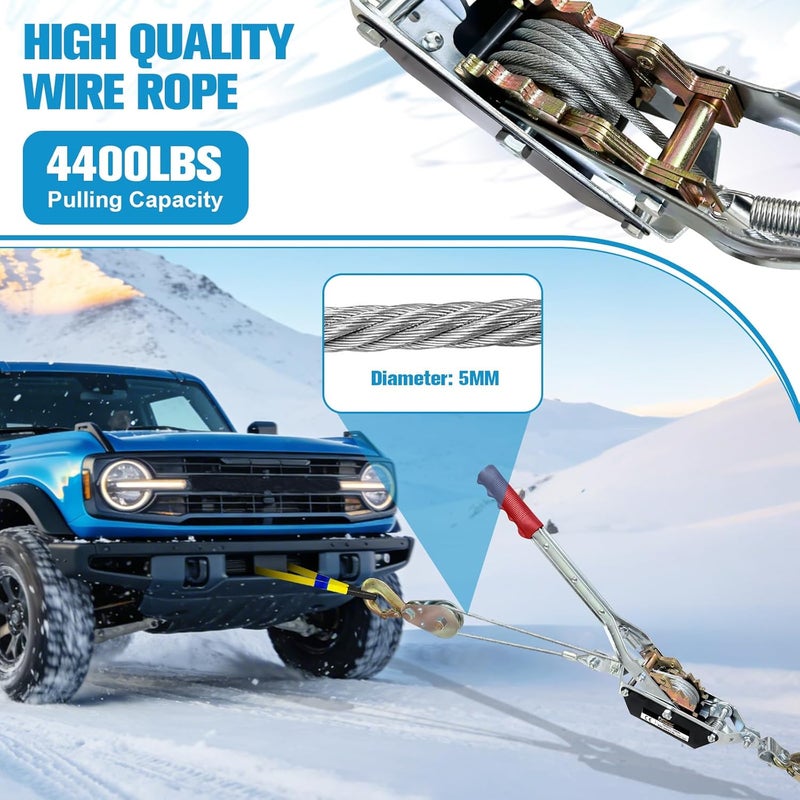 FITHOIST 2-Ton Come Along Winch Heavy Duty 11ft Steel Cable Come Along Cable Puller with Two 1"x8FT Lifting Sling 2 Hooks Dual-Gear for Vehicle Rescue & Automotive Hoisting - Image 4